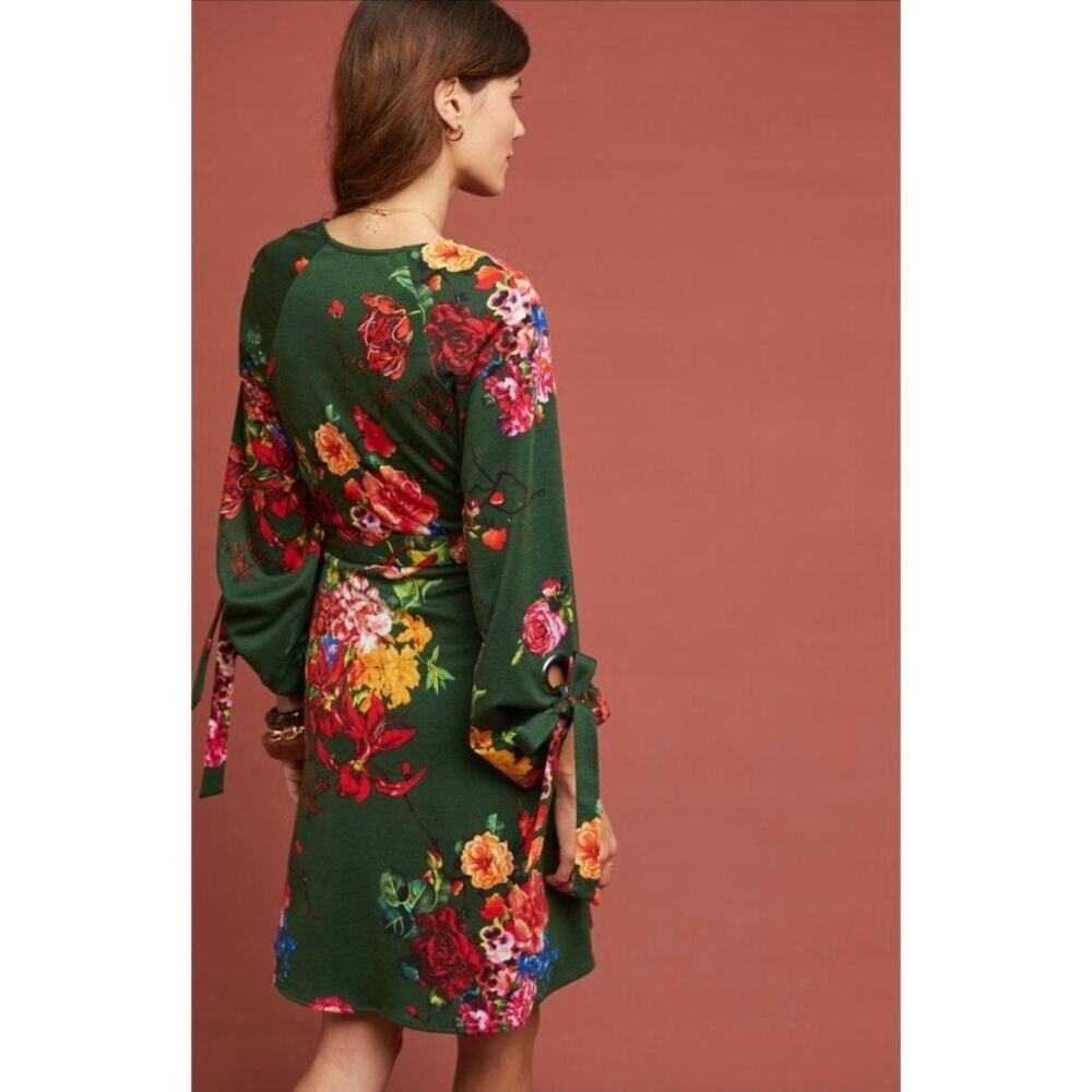 Anthropologie Eva Franco Green Floral Dahlia Wrap Mini Dress Sz.S - Picture 3 of 15